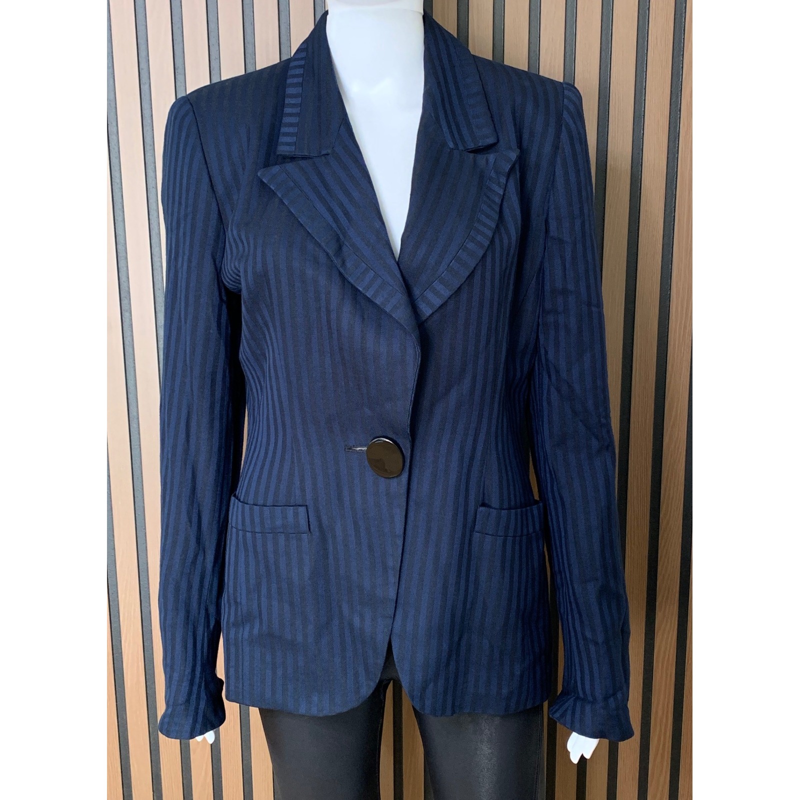 Christian Dior Vintage Navy Blue Black Striped Button Blazer Jacket Size 8